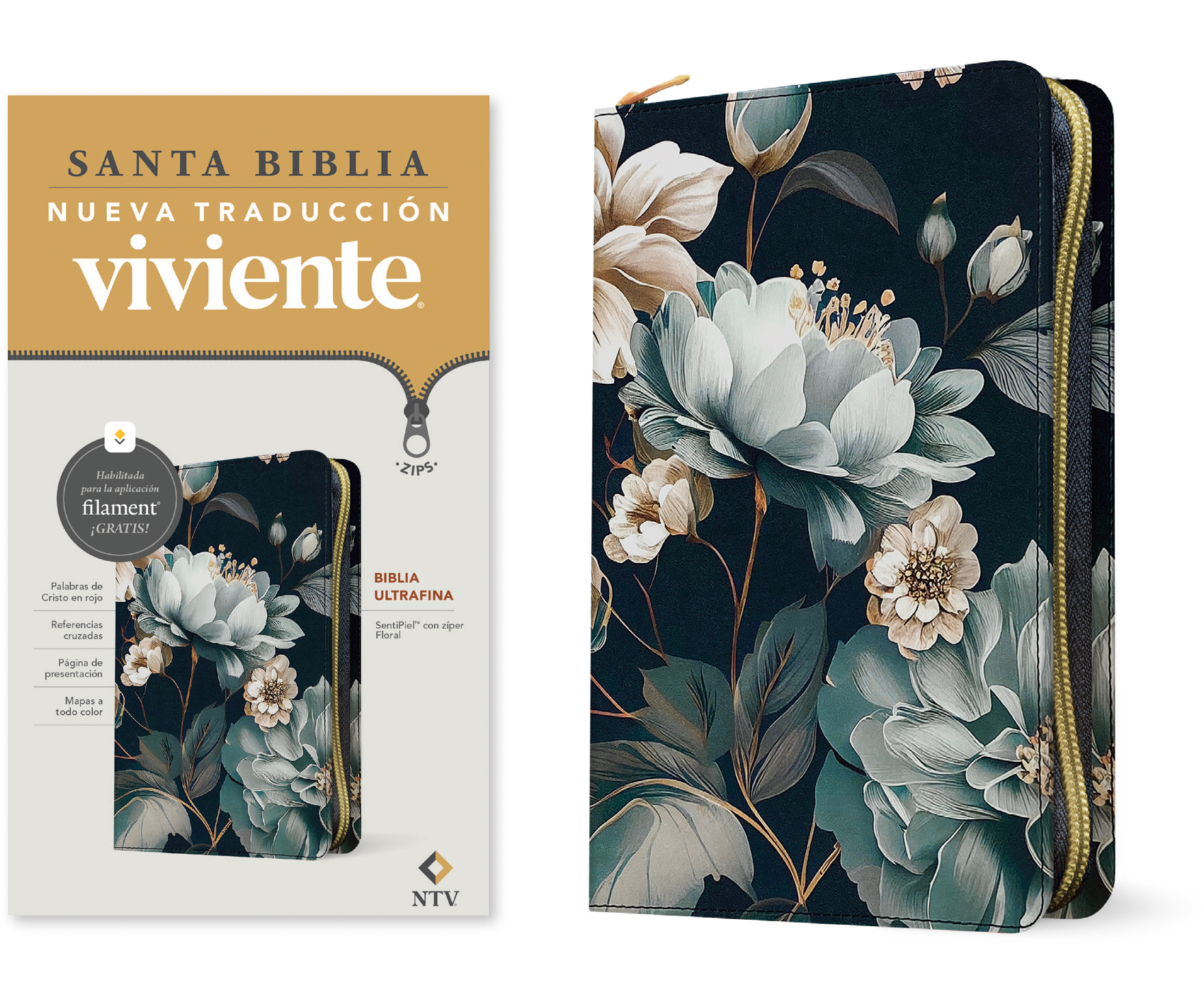 Biblia ultrafina NTV de zíper con Filament Floral Letra Roja 9781496486837