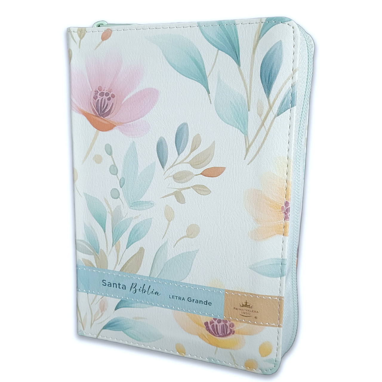 Biblia RVR60 Tamaño Compacto Letra 12 Puntos - Flores sobre Azul, Símil Piel con Cierre e Índice