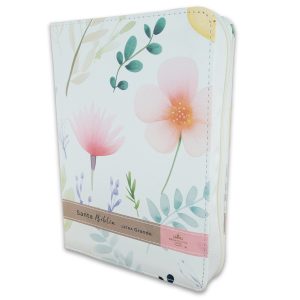 Biblia RVR60 Tamaño Compacto Letra 12 Puntos - Flores sobre Blanco, Símil Piel con Cierre e Índice